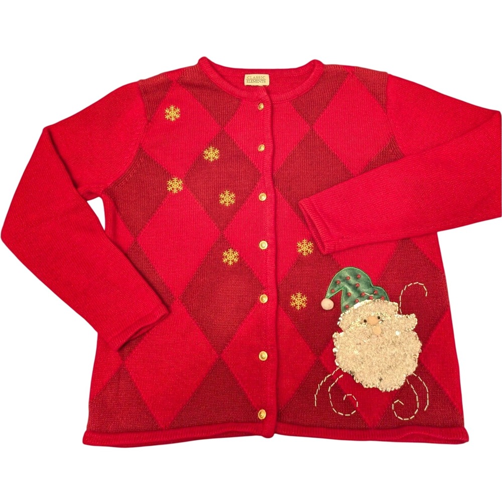 Classic Elements Women Red Santa Argyle Knit Christmas Cardigan Sweater‎ Large